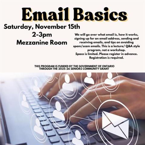 Email Basics for seniors Nov. 15 2-3PM in the Mezzanine Room