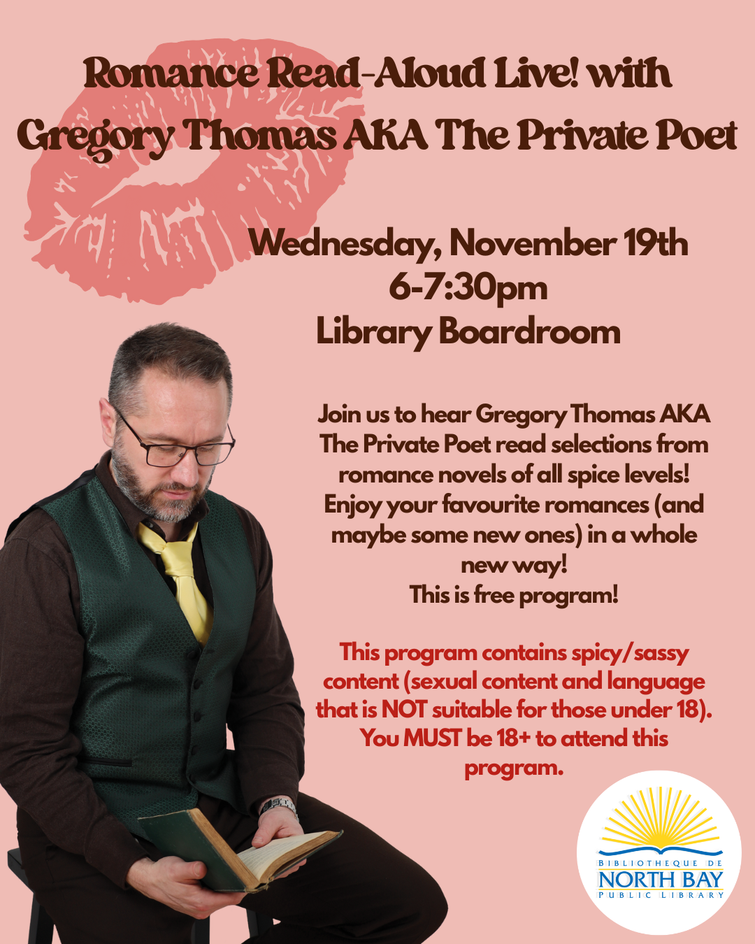 Romance Read-Aloud Live! with Gregory Thomas AKA the Private Poet 6-7:30PM in the board room
